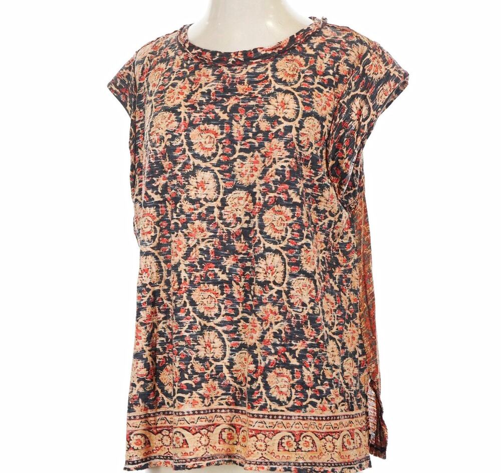 Free People High Tide Dual Print Knit Tee Round Neck Cap Sleeve Top Sz S
